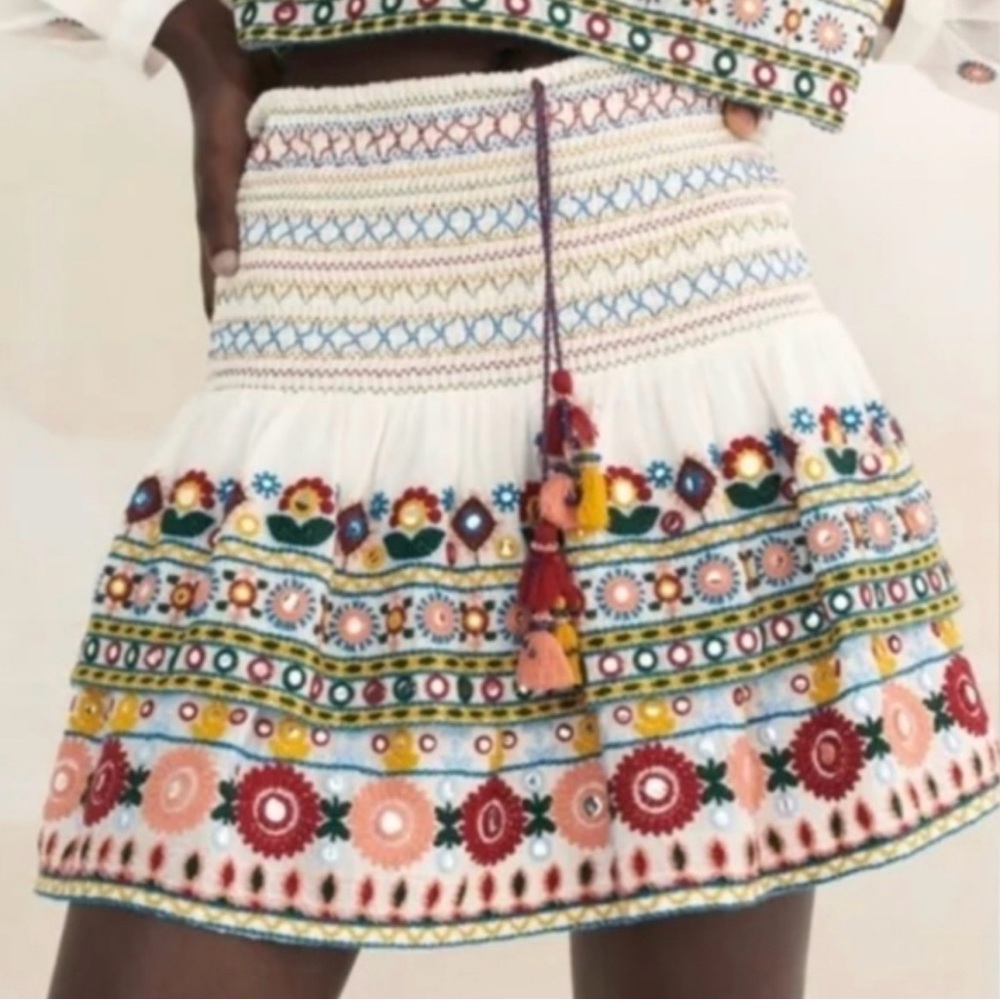 NWT ZARA Embroidered Boho Mini Skirt smocked waist tassels, mirror accents xs